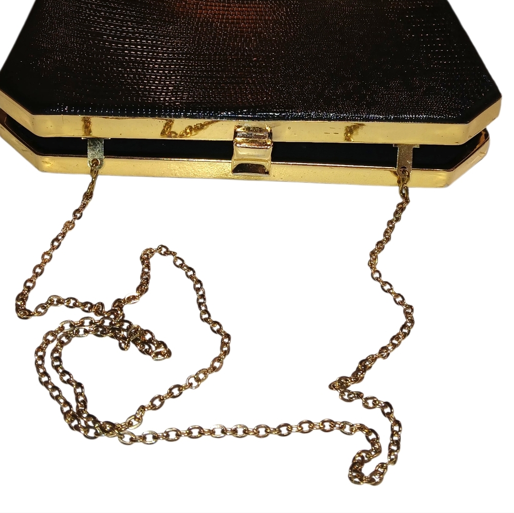 Evening Bag Black Faux Snake Skin W Goldtone Hardware & Optional Shoulder Chain